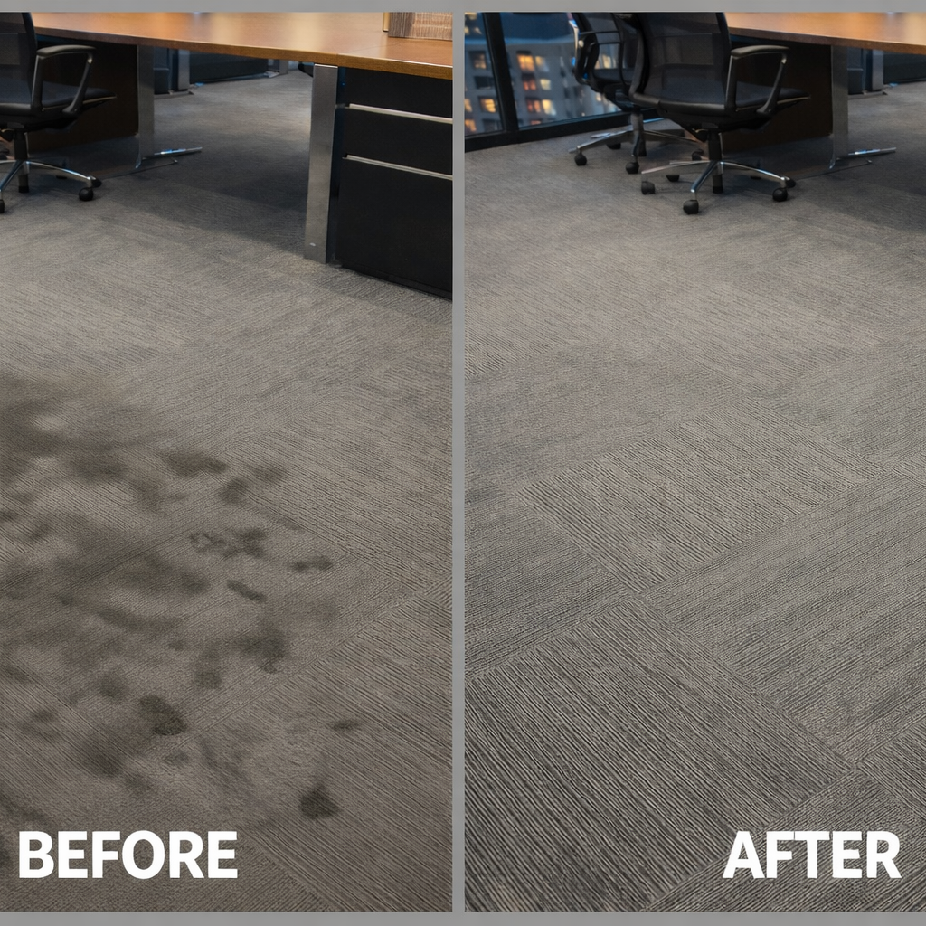 Before and after comparison of a steam-cleaned office carpet