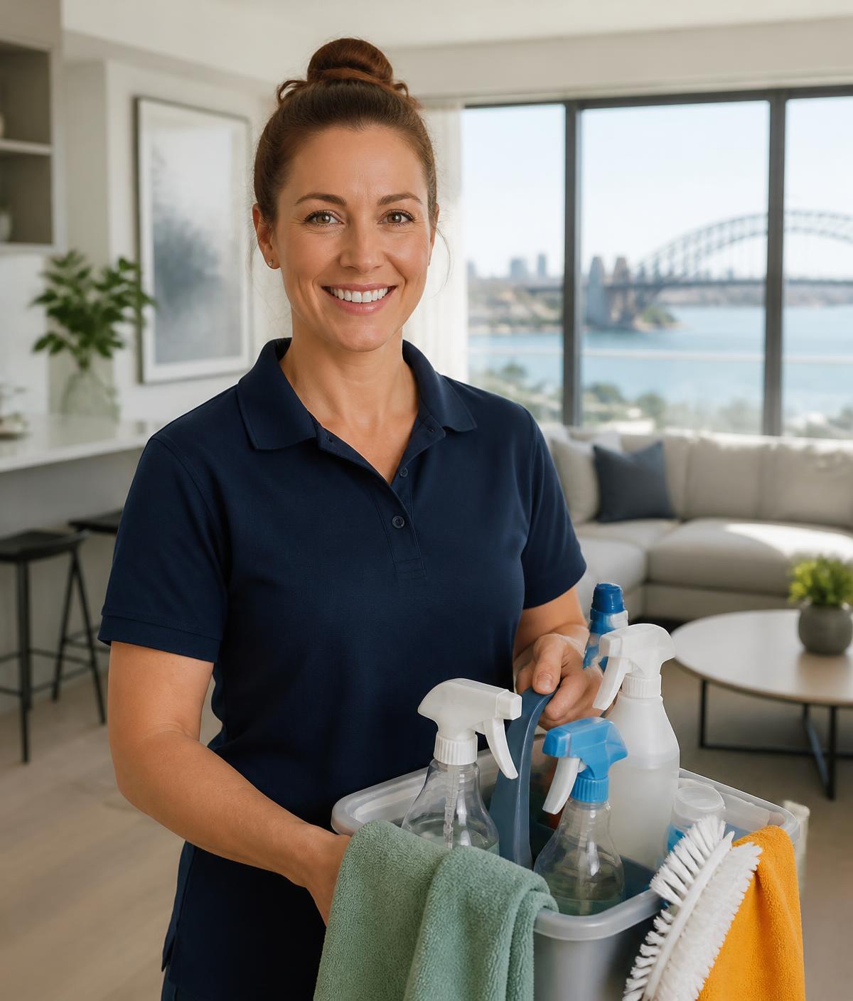Cleano cleaner with a caddy of supplies in a Sydney harbourside living room