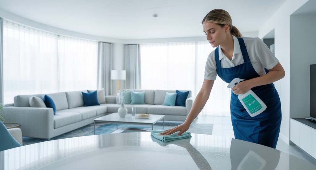 Cleaner wiping down a table in a bright living room